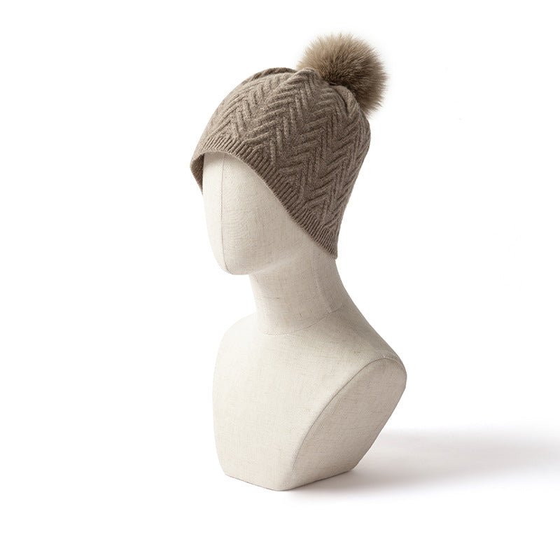 Womens Knitted Cashmere Beanie with Fur Pom Warm Pure Cashmere Hats Multi Colors