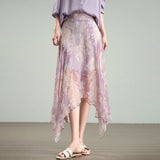 Womens Lavender Floral Silk Maxi Skirt Asymmetric Hem