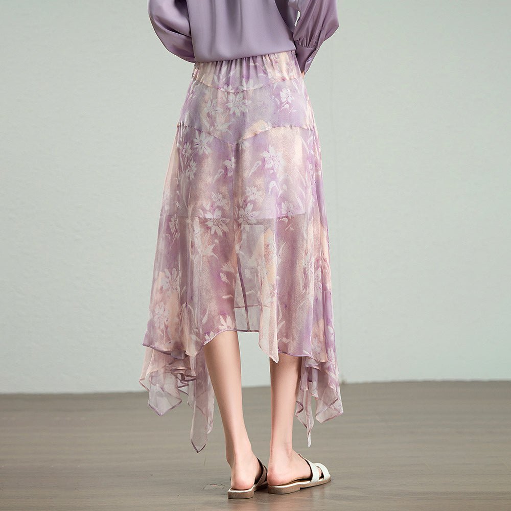 Womens Lavender Floral Silk Maxi Skirt Asymmetric Hem
