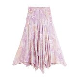 Womens Lavender Floral Silk Maxi Skirt Asymmetric Hem