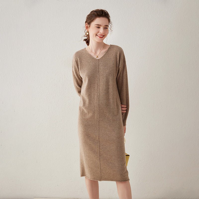 Womens Cashmere Knit Midi Dress Long Sleeve V Neck Straight - cut Dress