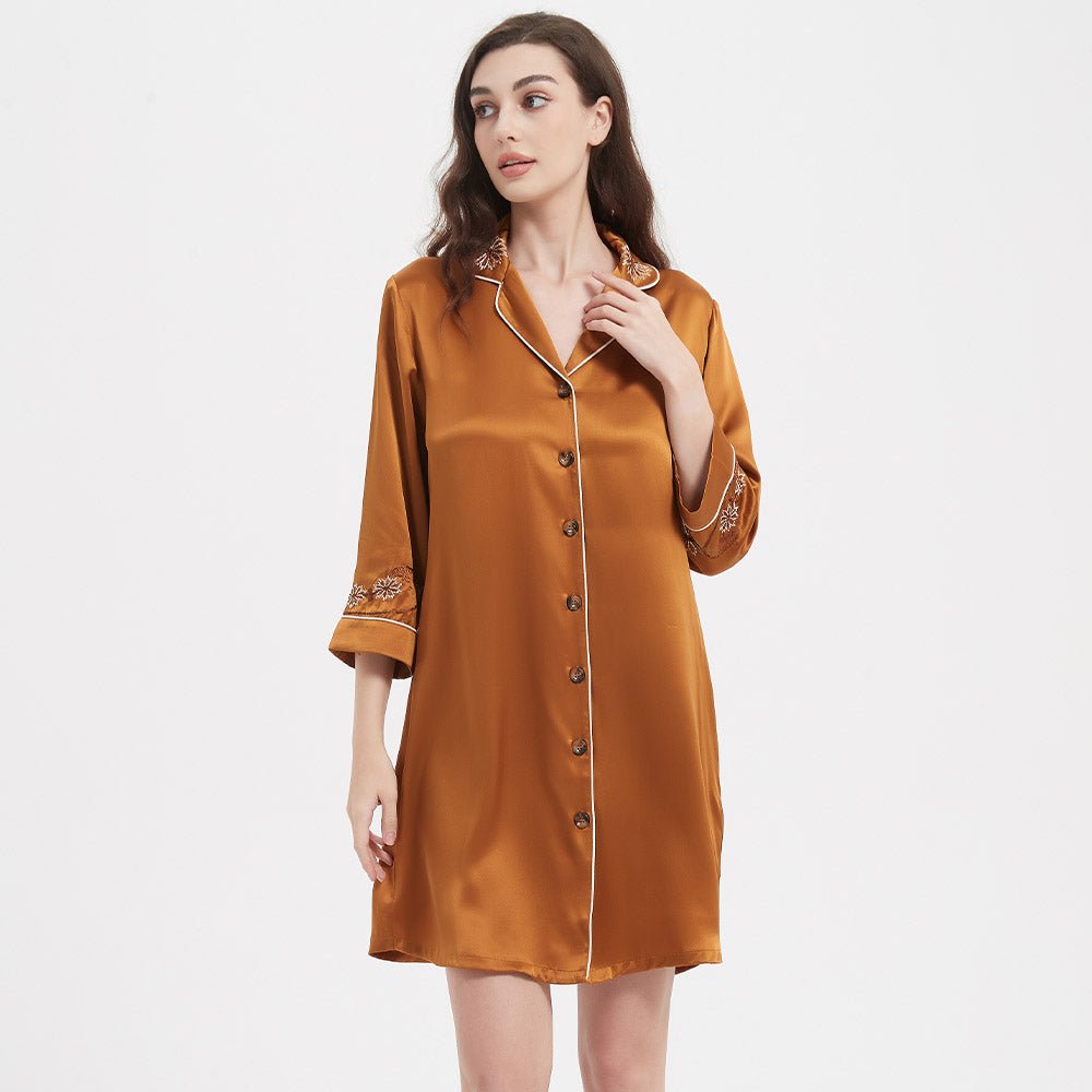 Women's Long Sleeves 100% Silk Nightshirts With Embroidery