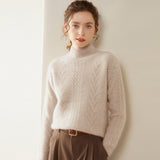 Womens Mock Neck Cable Knit Cashmere Sweater Textured Cashmere Pullover Camel XS