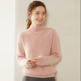 Womens Mock Neck Cable Knit Cashmere Sweater Textured Cashmere Pullover Pink XS