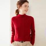 Womens Mock Neck Cable Knit Cashmere Sweater Textured Cashmere Pullover Claret XS