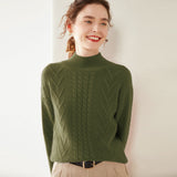 Womens Mock Neck Cable Knit Cashmere Sweater Textured Cashmere Pullover Olive Green XS