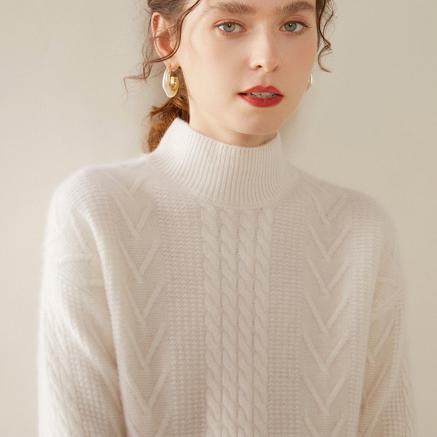 Womens Mock Neck Cable Knit Cashmere Sweater Textured Cashmere Pullover Ivory XS