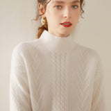 Womens Mock Neck Cable Knit Cashmere Sweater Textured Cashmere Pullover Ivory XS