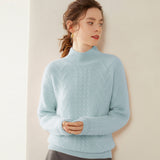 Womens Mock Neck Cable Knit Cashmere Sweater Textured Cashmere Pullover Blue XS