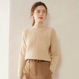 Womens Mock Neck Cable Knit Cashmere Sweater Textured Cashmere Pullover Beige XS
