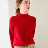 Womens Mock Neck Cable Knit Cashmere Sweater Textured Cashmere Pullover Red XS