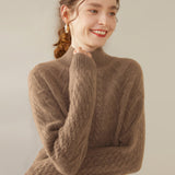 Womens Mock Neck Cable Knit Cashmere Sweater Textured Cashmere Pullover Taupe XS