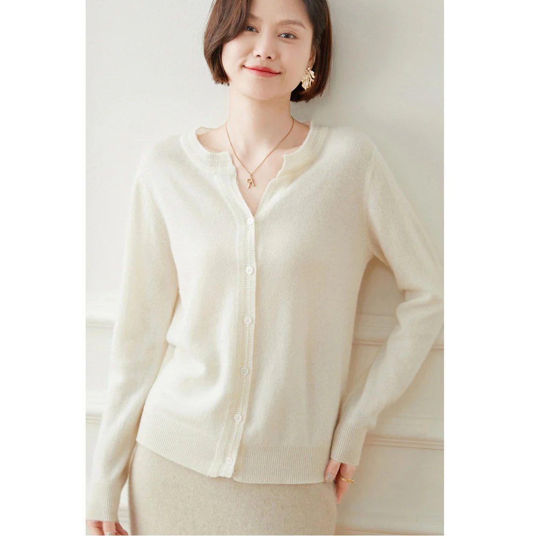 Womens Cashmere Cardigan Crew Neck Long Sleeve Cashmere Coat