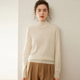 Womens Mock Neck Cashmere Sweater Cashmere Pullover Ribbed Hem Ivory XS