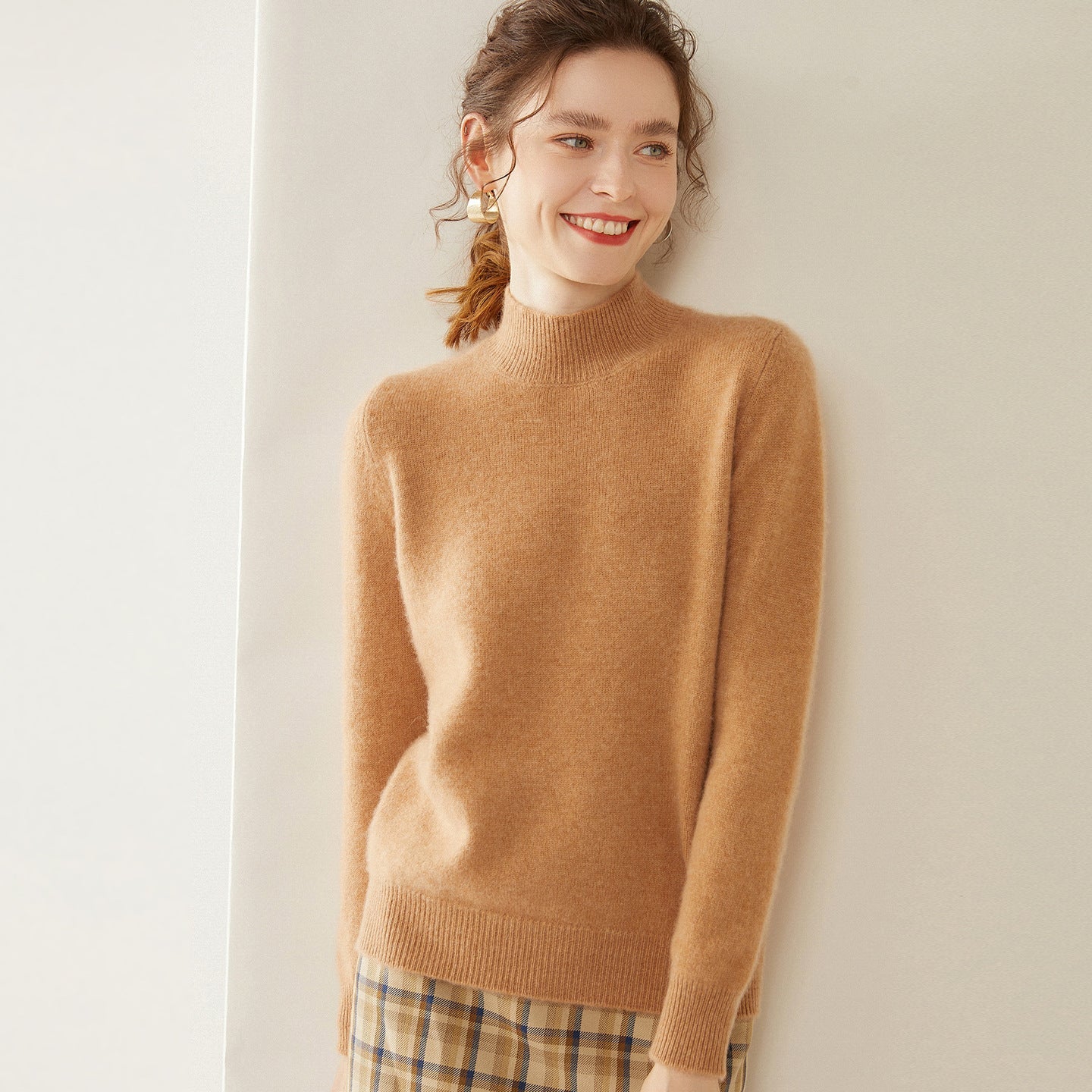 Womens Mock Neck Cashmere Sweater Long Sleeve Cashmere Pullover Multi Colors Gold Camel XS