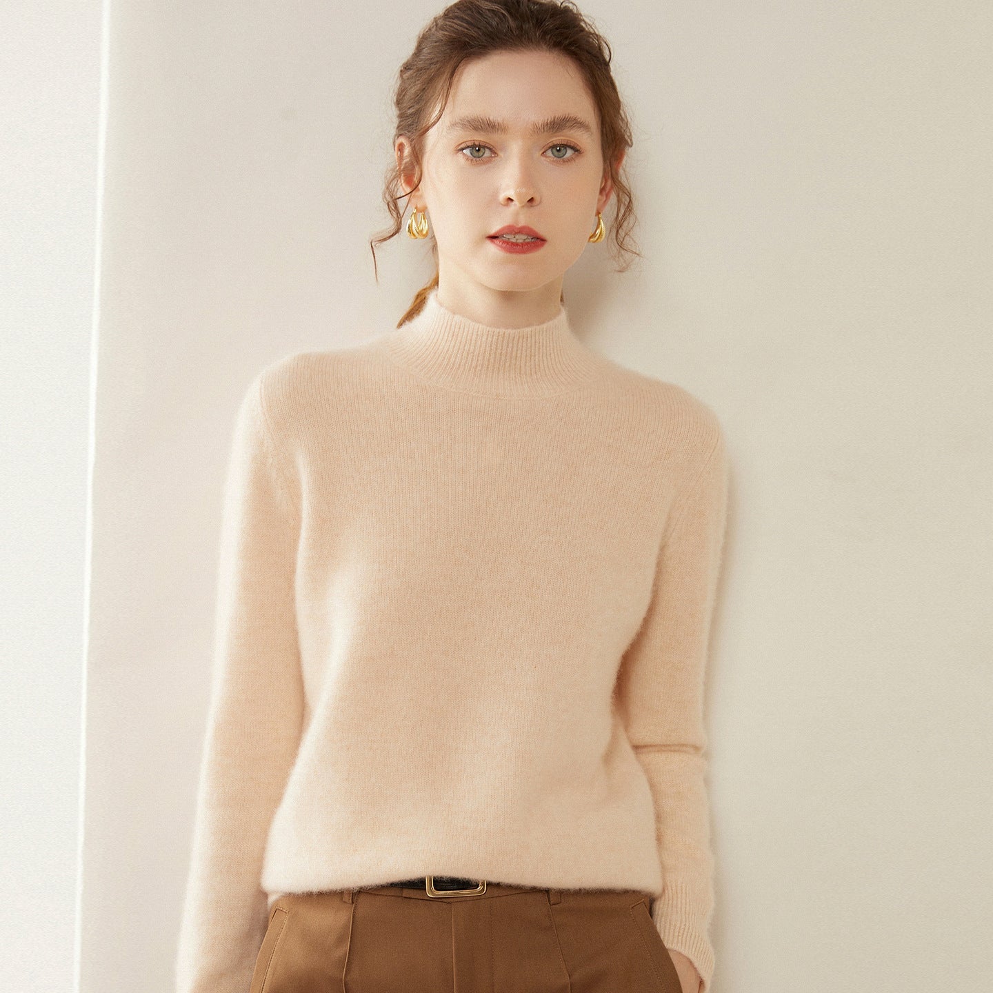 Womens Mock Neck Cashmere Sweater Long Sleeve Cashmere Pullover Multi Colors Beige XS