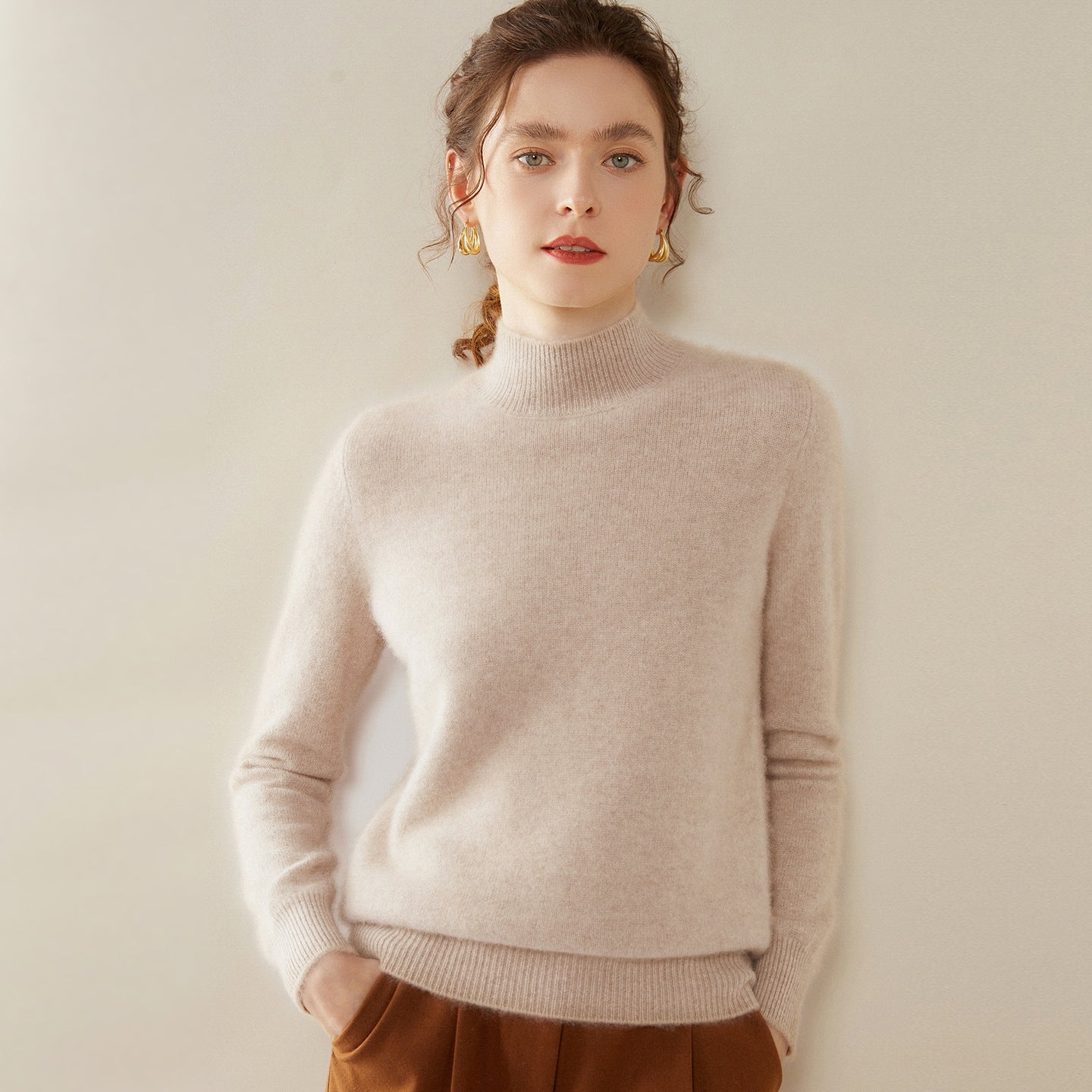Womens Mock Neck Cashmere Sweater Long Sleeve Cashmere Pullover Multi Colors Light Camel XS