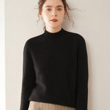Womens Mock Neck Cashmere Sweater Long Sleeve Cashmere Pullover Ribbed Finishing Black XS