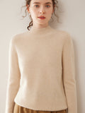 Womens Mock Neck Cashmere Sweater Long Sleeve Cashmere Pullover Ribbed Finishing Beige XS