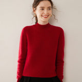 Womens Mock Neck Cashmere Sweater Long Sleeve Cashmere Pullover Ribbed Finishing Claret XS