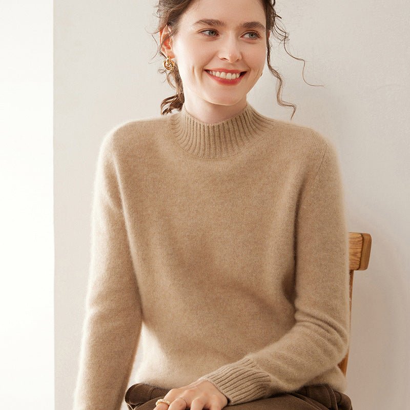 Womens Mock Neck Cashmere Sweater Long Sleeve Cashmere Pullover Ribbed Finishing Gold Camel XS