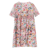 Womens Pink Floral Silk Mini Dress Tiered Ruffle Loose Silk Dress