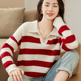 Womens Striped Polo Neck Cashmere Sweater V Neck Pullover Tops Red XS