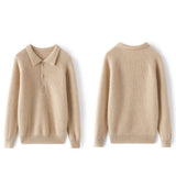 Womens Ribbed Cashmere Polo Sweater Button - Up Long Sleeves Sweater