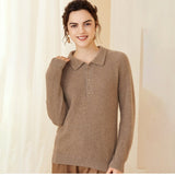 Womens Ribbed Cashmere Polo Sweater Button - Up Long Sleeves Sweater