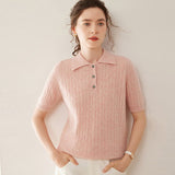 Womens Polo Neck Cashmere Sweater Short Sleeve Cable Knit Cashmere Top Pink XS