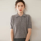 Womens Polo Neck Cashmere Sweater Short Sleeve Cable Knit Cashmere Top Gray XS