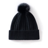 Womens Pom Cashmere Beanie Soft Rib Cashmere Knit Hat Fold Cuff