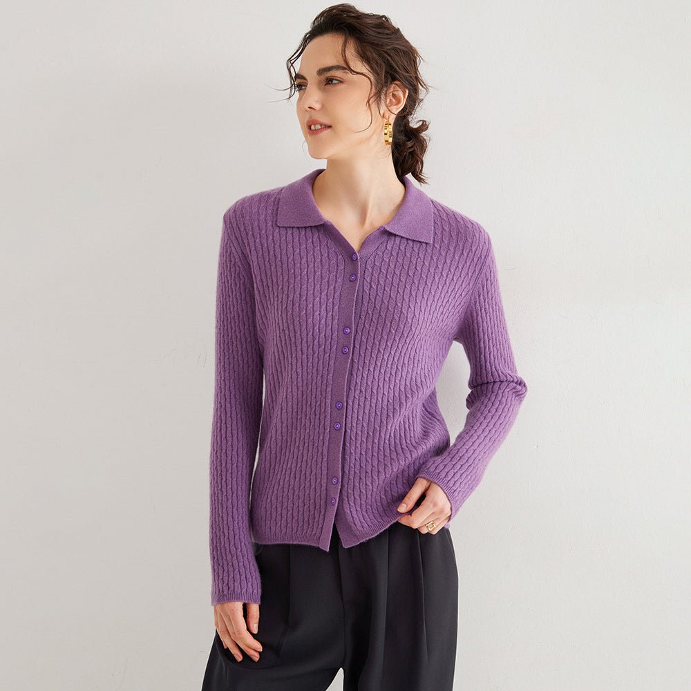 Womens Pure Cashmere Cardigan Cable Knit Button Front Polo Neck Cashmere Sweater Purple XS
