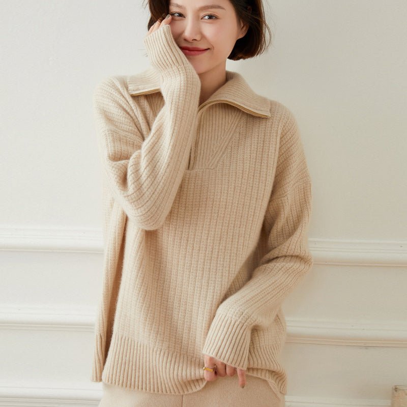 Womens Ribbed Half - Zip Collar Long Sleeve Cashmere Sweater
