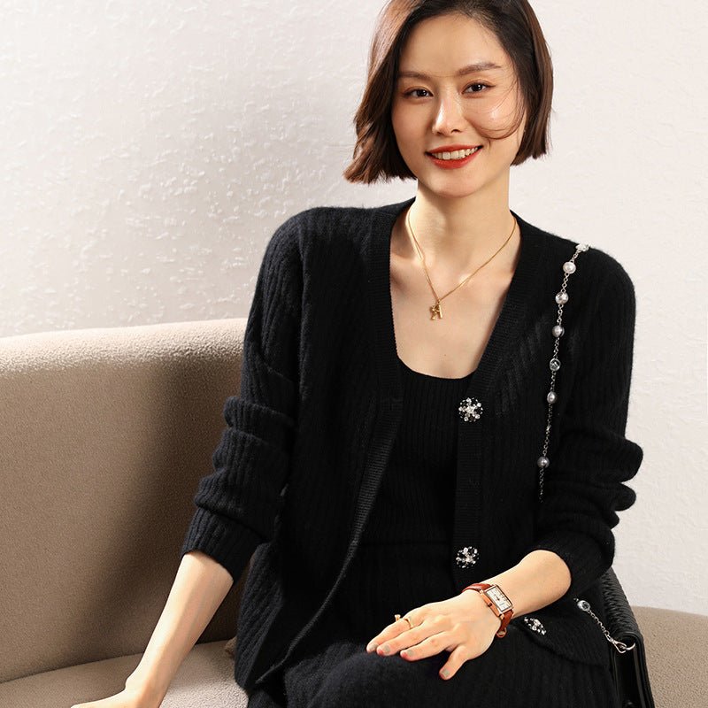Womens Rib Knit Cashmere Cardigan Crystal Button Cashmere Sweater