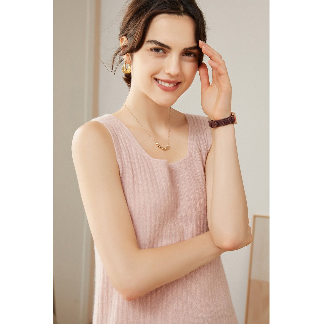 Women's Ribbed Knit Scoop Neck Sleeveless Cashmere Vest U - Neck Cashmere Tank