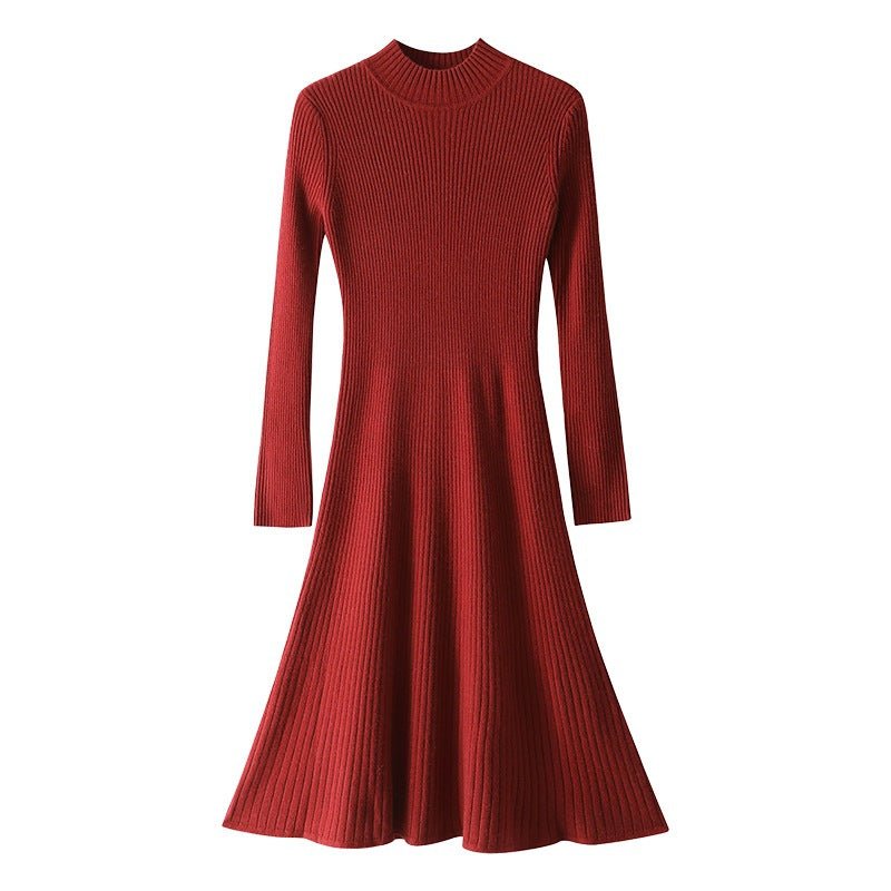 Womens Ribbed Cashmere Midi Dress Mock Neck Cashmere Sweater Dress Fitted Cashmere Dress Beige XS