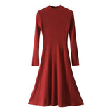 Womens Ribbed Cashmere Midi Dress Mock Neck Cashmere Sweater Dress Fitted Cashmere Dress Beige XS