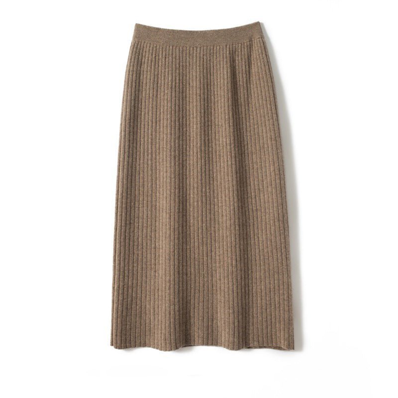 Womens Ribbed Knit Cashmere Skirt High Waist Cashmere Sweater Skirt Taupe XS