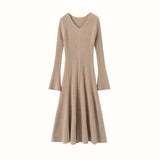 Womens Ribbed V-Neck Cashmere Midi Dress with Flared Sleeves Taupe XS