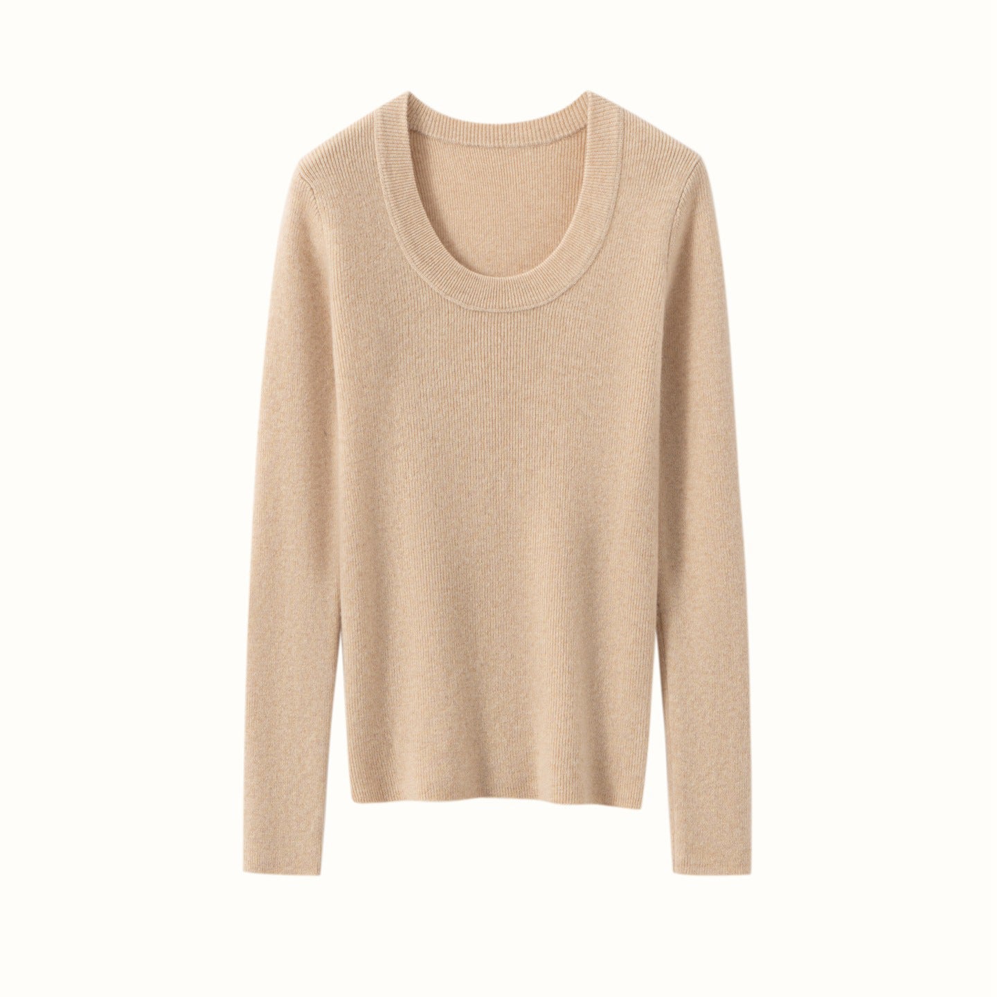 Womens Scoop Neck Cashmere Sweater Long Sleeve Cashmere Knit Top Beige XS