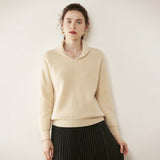 Womens Shawl Collar Cashmere Sweater V Neck Long Sleeve Cashmere Pullover Beige XS