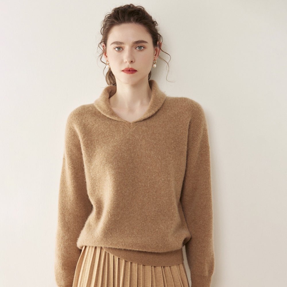 Womens Shawl Collar Cashmere Sweater V Neck Long Sleeve Cashmere Pullover Camel XS