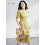Womens Silk Button Front Midi Dress Puff Sleeve V Neck Silk Dresses