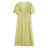 Womens Silk Button Front Midi Dress Puff Sleeve V Neck Silk Dresses