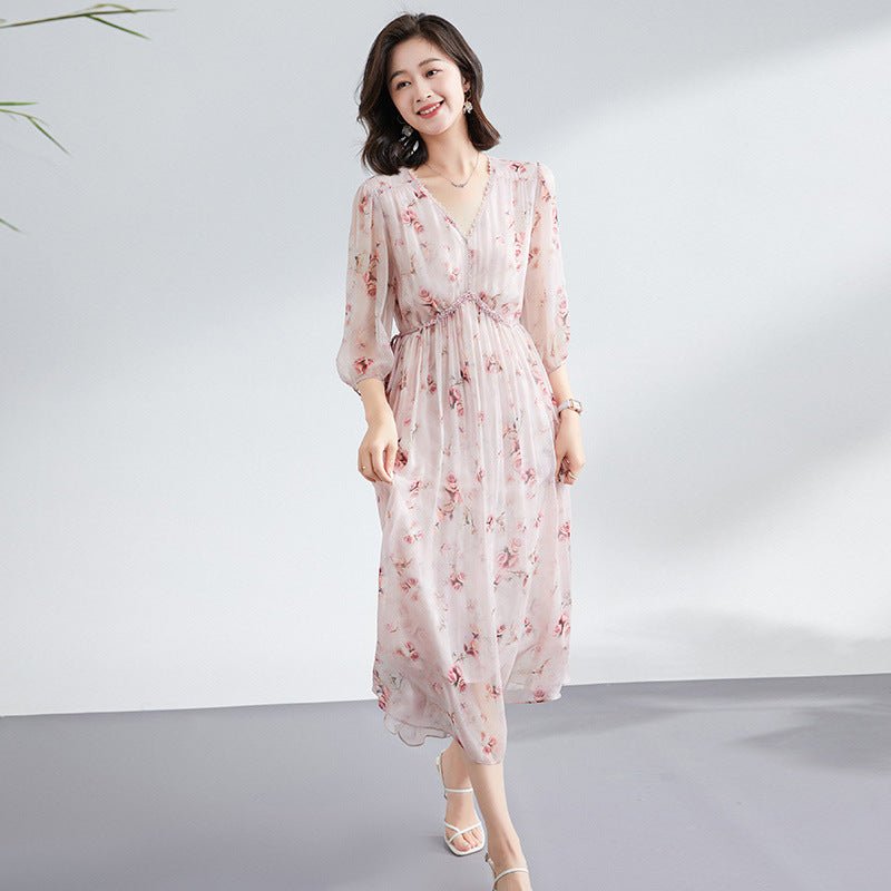 Womens Silk Chiffon Midi Dress Floral Print Gathered Waist Pink Silk Dress