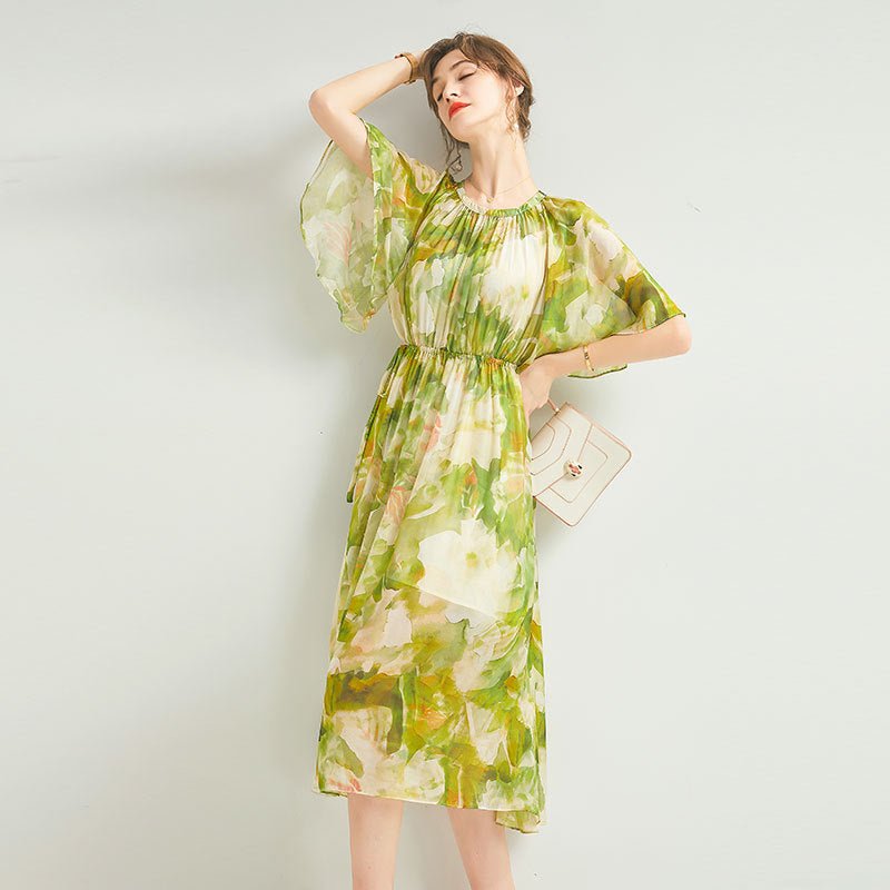 Womens Silk Chiffon Midi Dress Flutter Sleeve Watercolor Floral Green Silk Dress