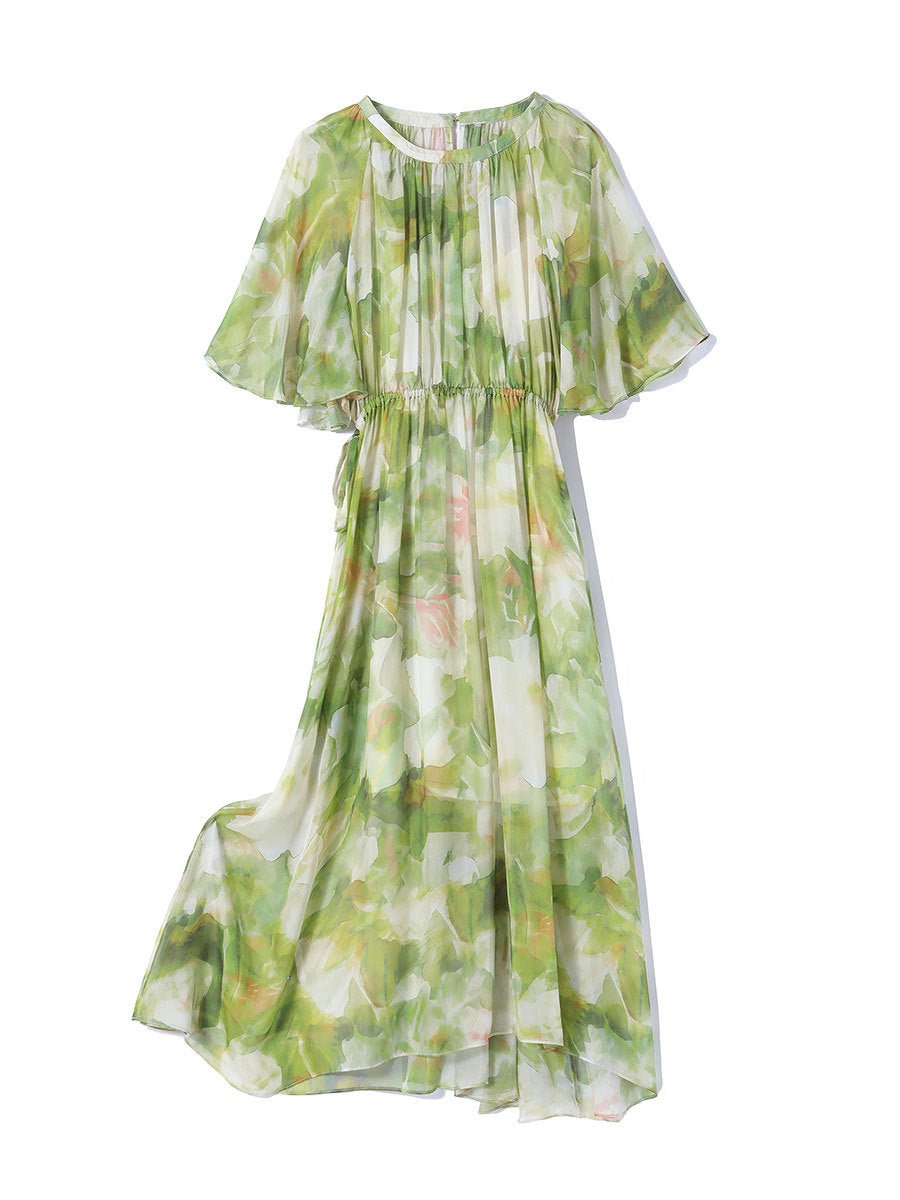 Womens Silk Chiffon Midi Dress Flutter Sleeve Watercolor Floral Green Silk Dress