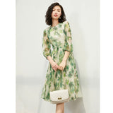 Womens Silk Chiffon Midi Dress Watercolor Leaf Print Sheer Sleeve Green Silk Dress