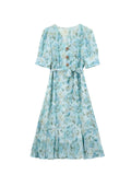 Womens Silk Floral Dress with Waist Tie Puff Sleeve Silk Midi Dress Blue XS